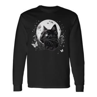 Vintage Cat Flowers Butterflies Moon Celestial Mystical Long Sleeve T-Shirt - Monsterry