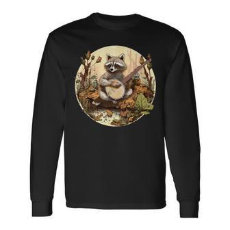 Vintage Cottagecore Aesthetic Raccoon Playing Banjo Racoon Long Sleeve T-Shirt - Monsterry DE