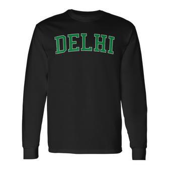 Vintage Delhi Ca Distressed Green Varsity Style Long Sleeve T-Shirt - Seseable