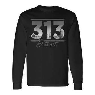 Vintage Detroit 313 Area Code Skyline Michigan Long Sleeve T-Shirt - Seseable