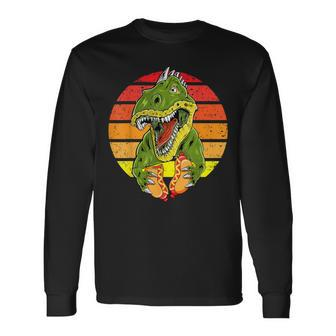 Vintage Dinosaur Eating Hot Dog Food Lover T-Rex Long Sleeve T-Shirt - Monsterry AU