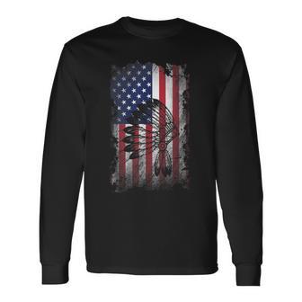 Vintage Distressed Skull Native Indian Feather American Flag Long Sleeve T-Shirt - Monsterry DE