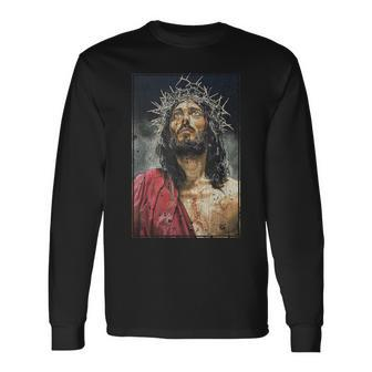 Vintage Face Of Jesus On A Cross With Crown Of Thorns Long Sleeve T-Shirt | Mazezy