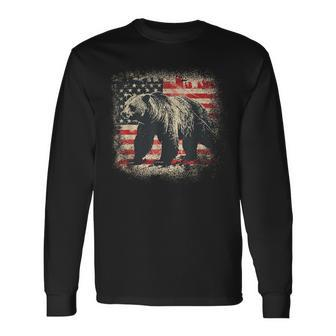 Vintage Grizzly Bear Distressed Patriotic American Flag Long Sleeve T-Shirt - Monsterry