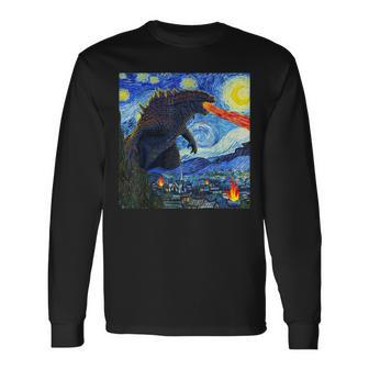 Vintage Japanese Monster Kaiju In Van Gogh Starry Night Long Sleeve T-Shirt - Seseable