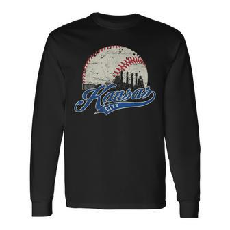 Vintage Kansas City Skyline Gameday Retro Baseball Long Sleeve T-Shirt - Seseable