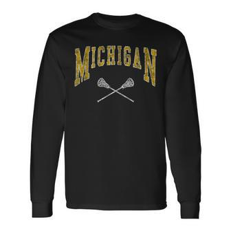 Vintage Michigan Lacrosse Distressed Lax Player Michigan Fan Long Sleeve T-Shirt - Thegiftio UK