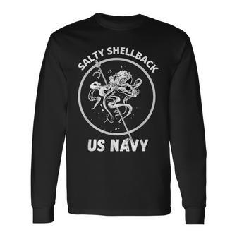 Vintage Navy Salty Shellback Kraken Long Sleeve T-Shirt - Monsterry