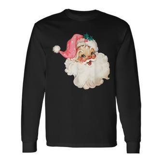 Vintage Pink Santa Claus Water Color Pink Christmas Long Sleeve T-Shirt - Seseable