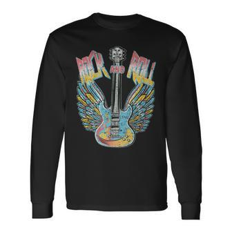 Vintage Retro 80S Rock & Roll Music Electric Guitar Wings Long Sleeve T-Shirt | Mazezy