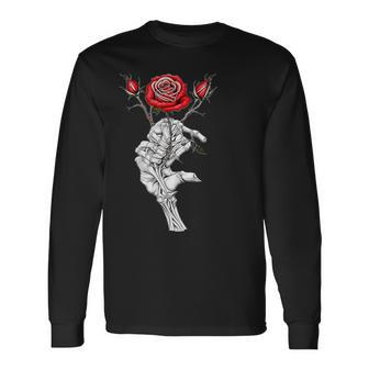 Vintage Skeleton Hand Holding Rose Valentine Long Sleeve T-Shirt - Monsterry