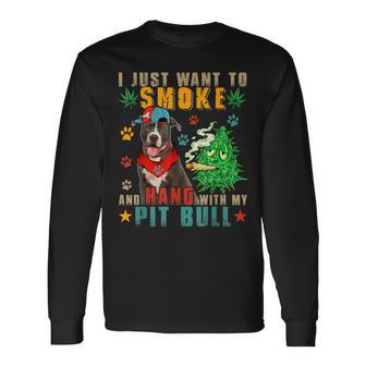 Vintage Smoke And Hang With My Pit Bull Smoker Weed Long Sleeve T-Shirt - Monsterry