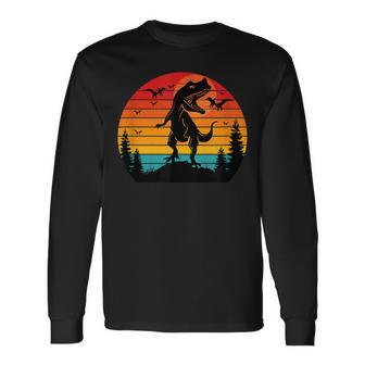 Vintage T-Rex Dinosaurier März Retro Sonnenuntergang Dinosaurier Langarmshirts - Seseable