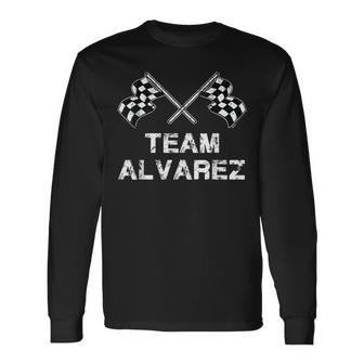 Vintage Team Alvarez Family Name Checkered Flag Racing Long Sleeve T-Shirt - Seseable