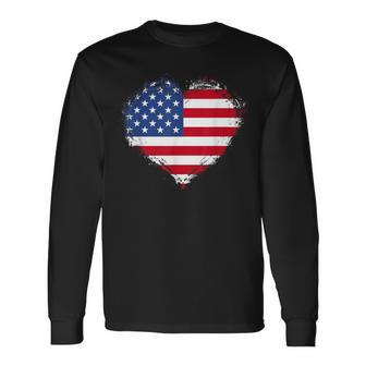Vintage Usa Patriotic 4Th Of July Fourth American Flag Heart Long Sleeve T-Shirt - Monsterry