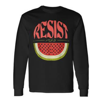Watermelon Resist Palestine Arabic Watermelon Flag Long Sleeve T-Shirt - Monsterry