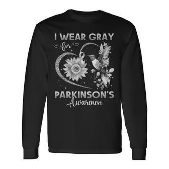 I Wear Gray For Parkinson's Awareness Hummingbird Sunflower Long Sleeve T-Shirt - Seseable