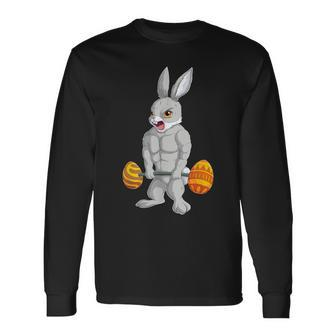 Weightlifting Fitness Gym Happy Easter Bunny Lifting Eggs Long Sleeve T-Shirt | Mazezy CA