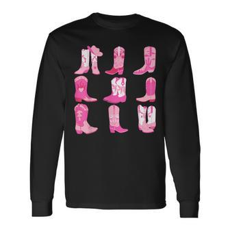 Western Country Rodeo Pink Cowboy Cowgirl Boots Long Sleeve T-Shirt - Monsterry AU