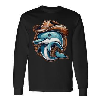 Wild Western Howdy Dolphin Sea Ocean Animal Lover Cowboy Hat Long Sleeve T-Shirt - Monsterry AU