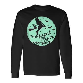 Witch Silhouette Moon Cat Bats Witchcraft Frequent Flyer Long Sleeve T-Shirt - Monsterry