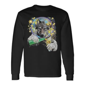 Wolf As Astronaut In Space Enjoying Drink Long Sleeve T-Shirt | Mazezy