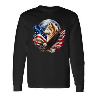 Wolf Bald Eagle American Flag Full Moon New Years Wolf Lover Long Sleeve T-Shirt - Thegiftio UK