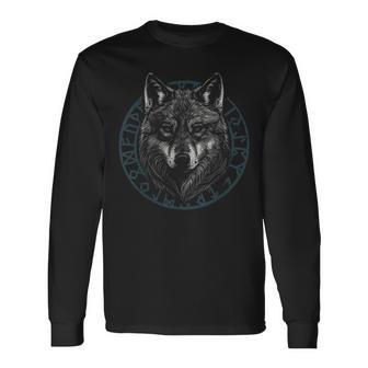 Wolf With Blue Eyes Viking Runes Animal Graphic Long Sleeve T-Shirt - Seseable