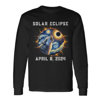 Wolf Fans Totality Solar Eclipse 2024 Wolf Howling Eclipse Long Sleeve T-Shirt | Mazezy