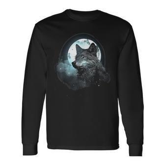Wolf Full Moon Geometric Mystical Nature Wolf Lover Long Sleeve T-Shirt - Thegiftio UK