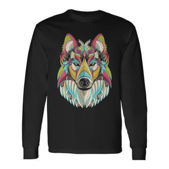 Wolf Native American Geometrical Art Colorful Long Sleeve T-Shirt | Mazezy