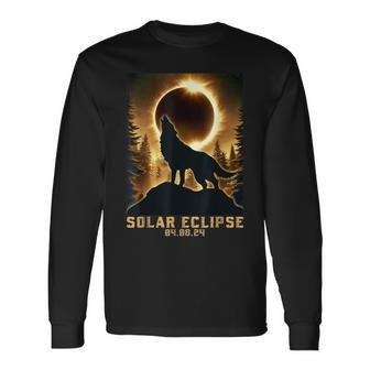 Wolf Solar Eclipse 2024- Total Solar Eclipse Wolf 04082024 Long Sleeve T-Shirt | Mazezy
