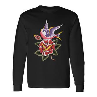 Women's Rose Swallow Vintage Retro Tattoo Long Sleeve T-Shirt - Monsterry DE