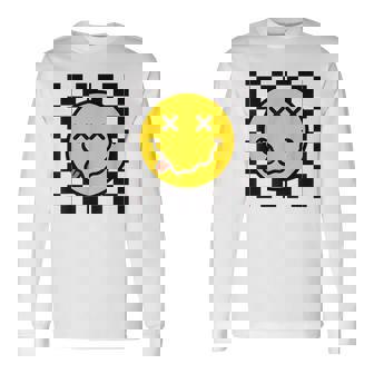 70S Yellow Smile Face Tongue Out Checkered Happy Face Long Sleeve T-Shirt - Thegiftio