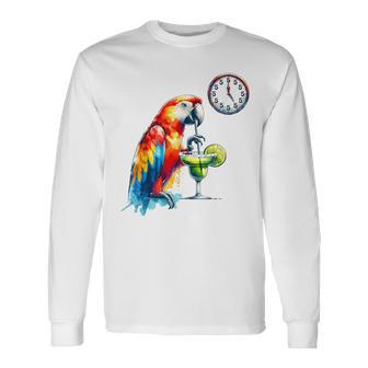 Always 5 O'clock Colorful Parrot Drinking Margarita Long Sleeve T-Shirt - Seseable