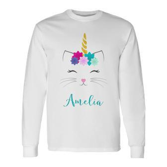 Amelia Name Personalised Cat Unicorn Long Sleeve T-Shirt - Seseable
