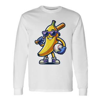 Banana Playing Baseball Fruit Lover Baseball Player Long Sleeve T-Shirt - Seseable