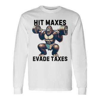 Bigfoot Gym Weightlifting Hit Maxes Evade Taxes Workout Long Sleeve T-Shirt - Monsterry DE
