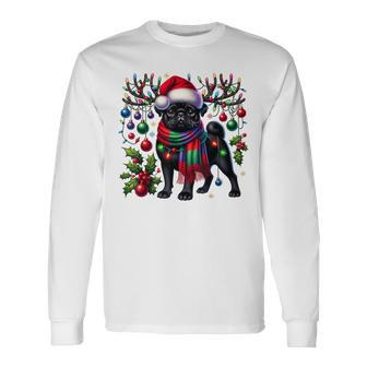 Black Pug Dog Tree Christmas Lights Xmas Pajama Long Sleeve T-Shirt | Mazezy