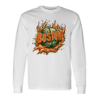 Boston Basketball On Fire Fan Long Sleeve T-Shirt - Seseable