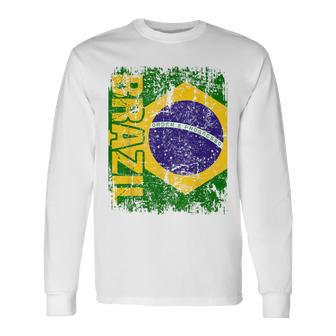 Brazil Brasil Flag Vintage Distressed Brazil Long Sleeve T-Shirt - Monsterry DE