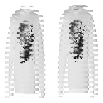 Búho Luna Árbol Animal Print Arte Animal Amante Búho Camiseta de manga larga - Regaloses