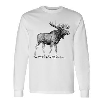 Bull Moose Cool Moose Drawing Moose Sketch Long Sleeve T-Shirt - Monsterry