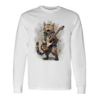 Cat Singing With Electric Guitar Vintage Long Sleeve T-Shirt - Monsterry UK