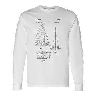 Catamaran Sailboat Blueprint Old Sailing Boat Ocean Long Sleeve T-Shirt - Monsterry