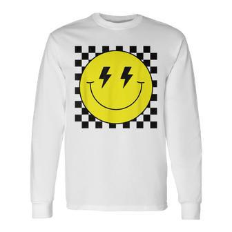 Checkered Lightning Eyes Yellow Smile Face Happy Face Long Sleeve T-Shirt - Monsterry
