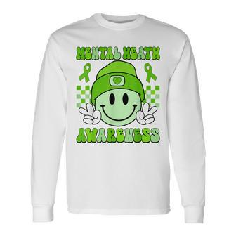 Checkered Smile Face Green Ribbon Mental Health Awareness Long Sleeve T-Shirt | Mazezy AU