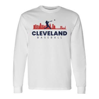 Cleveland Baseball Minimalist City Skyline Baseball Lover Long Sleeve T-Shirt - Monsterry CA