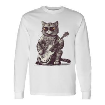 Cool Guitar Playing Cat With Glasses Band Rock Guitar Long Sleeve T-Shirt - Seseable