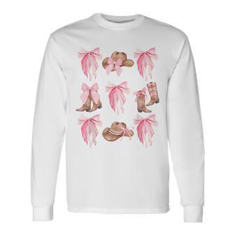 Coquette Pink Bow Cowboy Boots Hat Western Country Cowgirl Long Sleeve T-Shirt - Monsterry AU